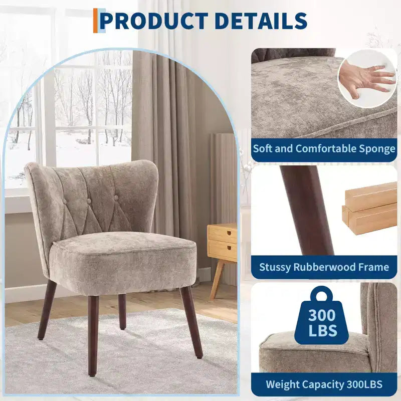 Modern Accent Chair, Upholstered Armless Lounge Chair with Tufted Fabric and Wood Legs, Reading and Makeup Vanity Side Chair Light Tan
