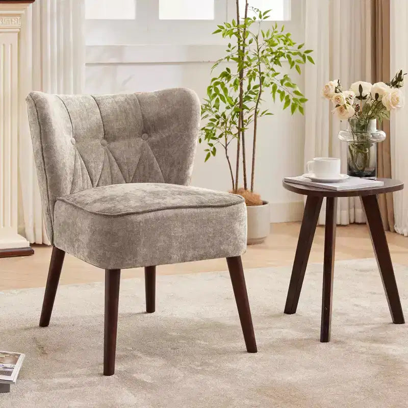 Modern Accent Chair, Upholstered Armless Lounge Chair with Tufted Fabric and Wood Legs, Reading and Makeup Vanity Side Chair Light Tan