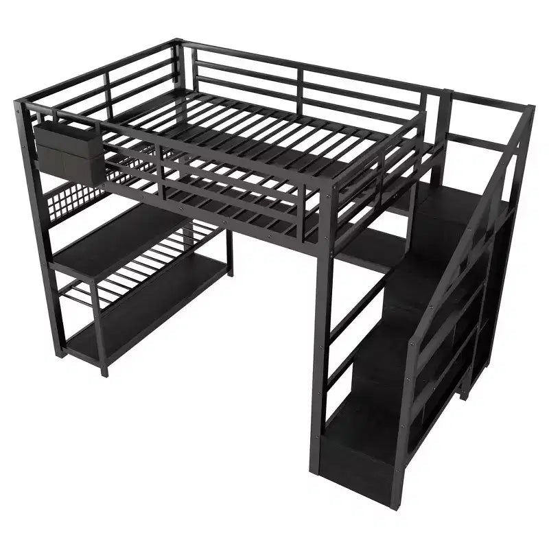 Whisen Full Size Metal Loft Bed & Bed Frame with Staircase and Wardrobe, Desk, Storage Shelves