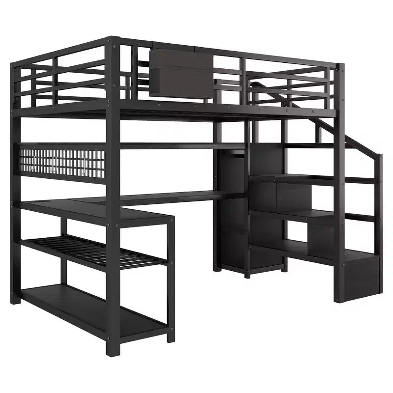 Whisen Full Size Metal Loft Bed & Bed Frame with Staircase and Wardrobe, Desk, Storage Shelves