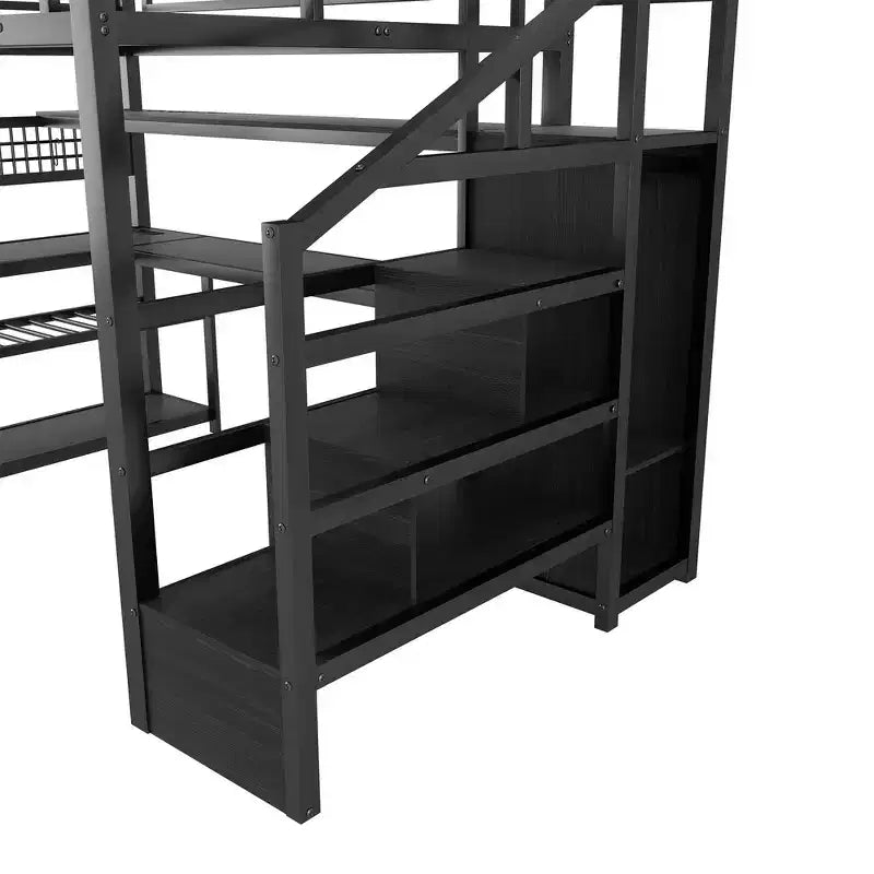 Whisen Full Size Metal Loft Bed & Bed Frame with Staircase and Wardrobe, Desk, Storage Shelves