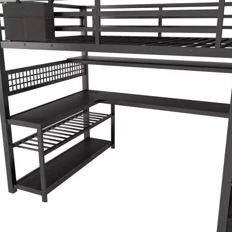 Whisen Full Size Metal Loft Bed & Bed Frame with Staircase and Wardrobe, Desk, Storage Shelves