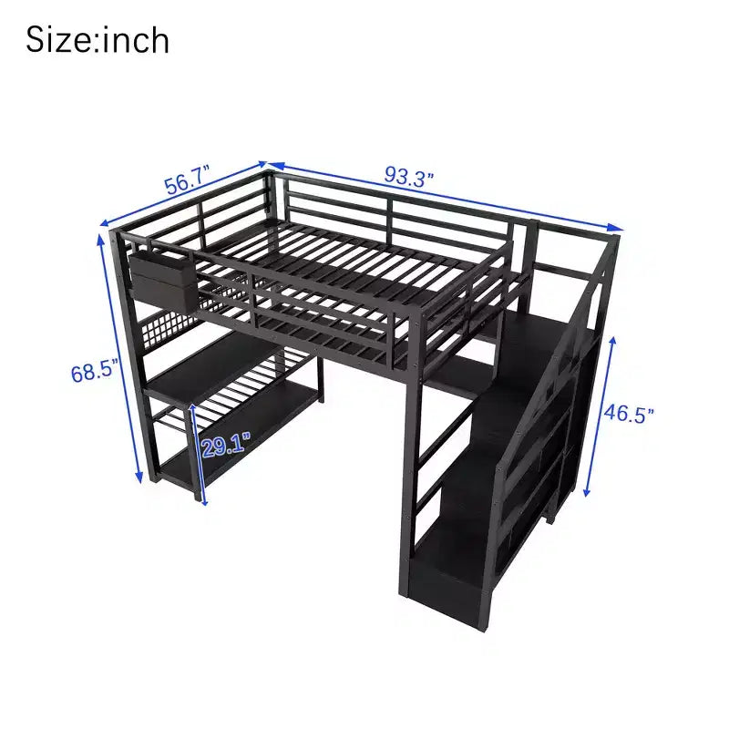 Whisen Full Size Metal Loft Bed & Bed Frame with Staircase and Wardrobe, Desk, Storage Shelves