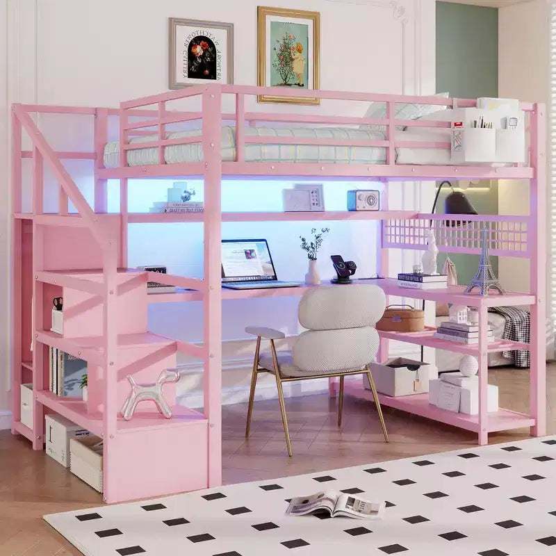 Whisen Full Size Metal Loft Bed & Bed Frame with Staircase and Wardrobe, Desk, Storage Shelves