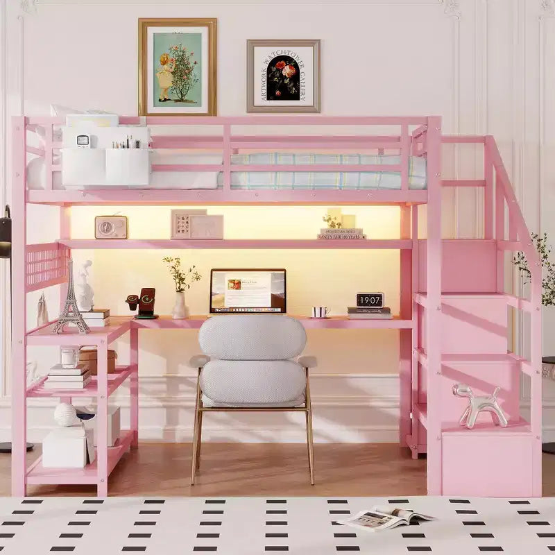 Whisen Full Size Metal Loft Bed & Bed Frame with Staircase and Wardrobe, Desk, Storage Shelves