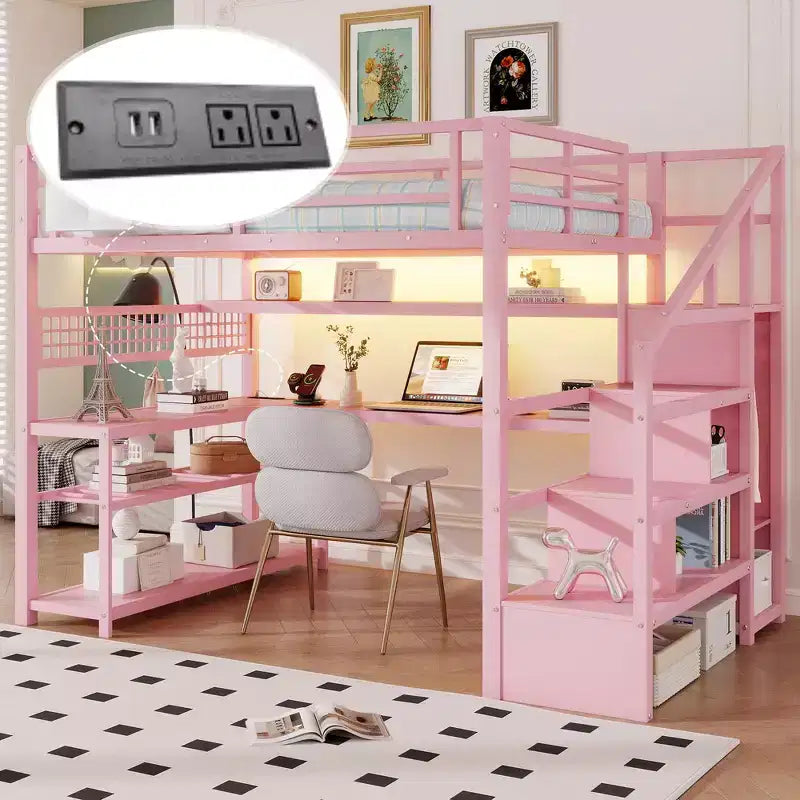 Whisen Full Size Metal Loft Bed & Bed Frame with Staircase and Wardrobe, Desk, Storage Shelves