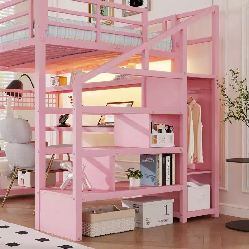 Whisen Full Size Metal Loft Bed & Bed Frame with Staircase and Wardrobe, Desk, Storage Shelves