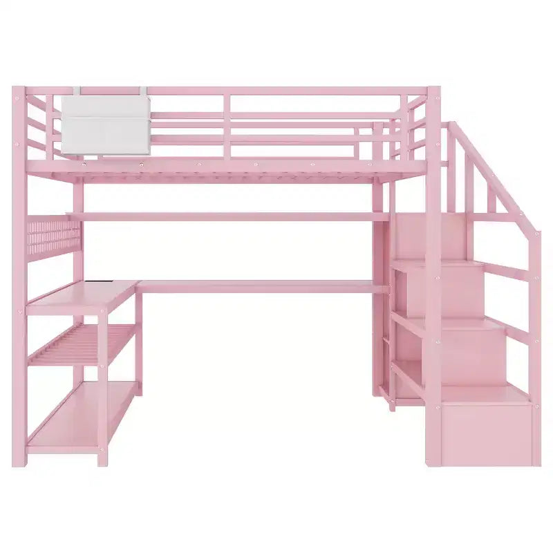 Whisen Full Size Metal Loft Bed & Bed Frame with Staircase and Wardrobe, Desk, Storage Shelves