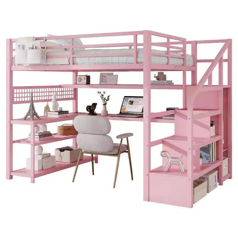 Whisen Full Size Metal Loft Bed & Bed Frame with Staircase and Wardrobe, Desk, Storage Shelves