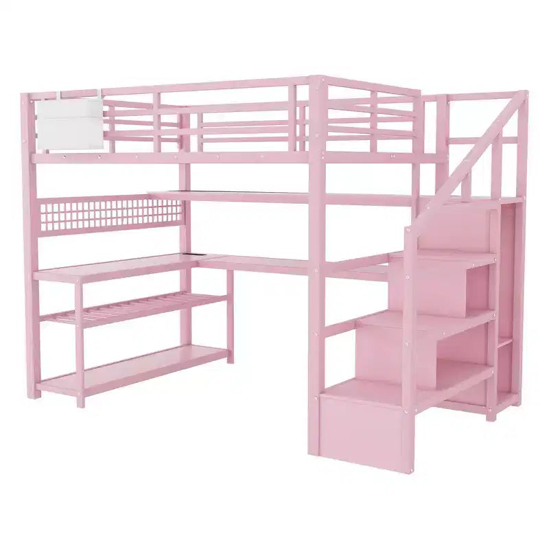 Whisen Full Size Metal Loft Bed & Bed Frame with Staircase and Wardrobe, Desk, Storage Shelves
