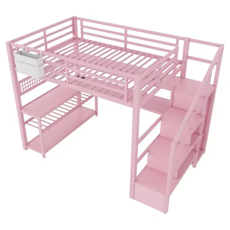 Whisen Full Size Metal Loft Bed & Bed Frame with Staircase and Wardrobe, Desk, Storage Shelves