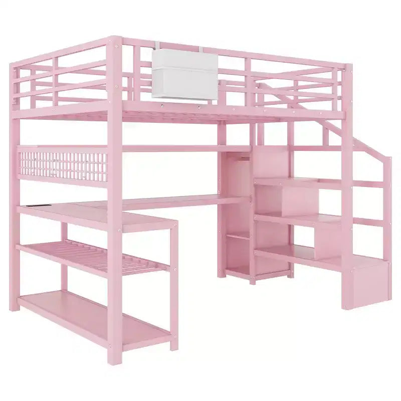 Whisen Full Size Metal Loft Bed & Bed Frame with Staircase and Wardrobe, Desk, Storage Shelves