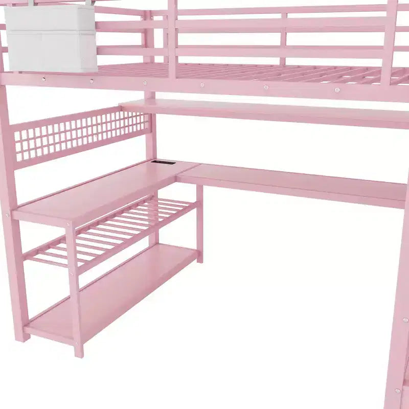 Whisen Full Size Metal Loft Bed & Bed Frame with Staircase and Wardrobe, Desk, Storage Shelves
