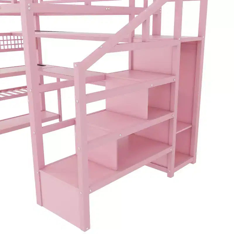 Whisen Full Size Metal Loft Bed & Bed Frame with Staircase and Wardrobe, Desk, Storage Shelves