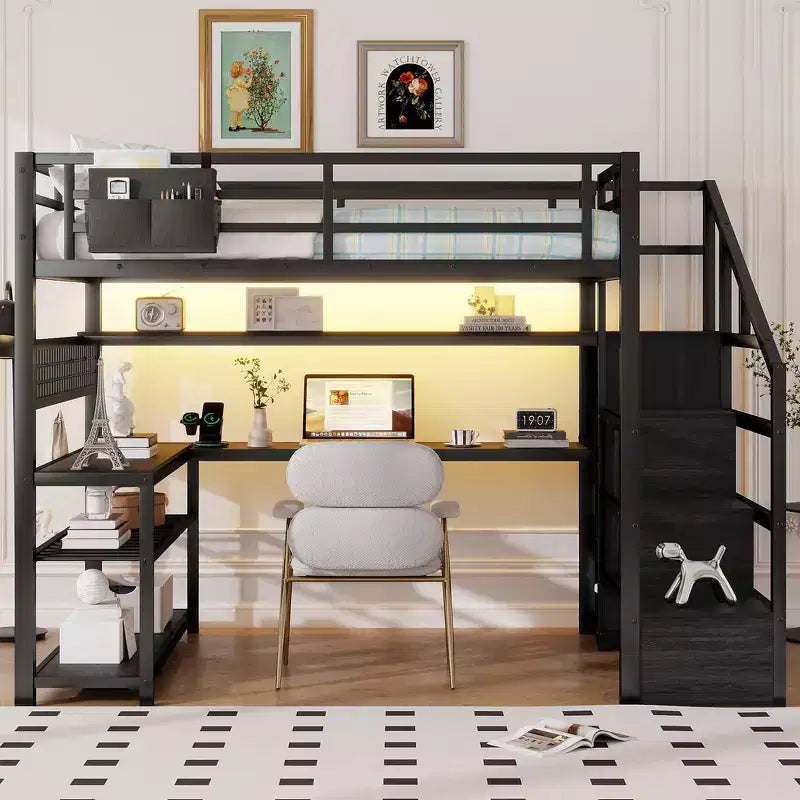 Whisen Full Size Metal Loft Bed & Bed Frame with Staircase and Wardrobe, Desk, Storage Shelves