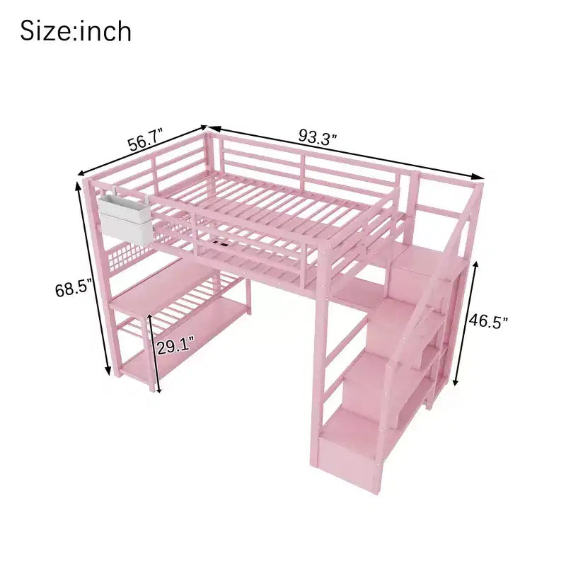 Whisen Full Size Metal Loft Bed & Bed Frame with Staircase and Wardrobe, Desk, Storage Shelves