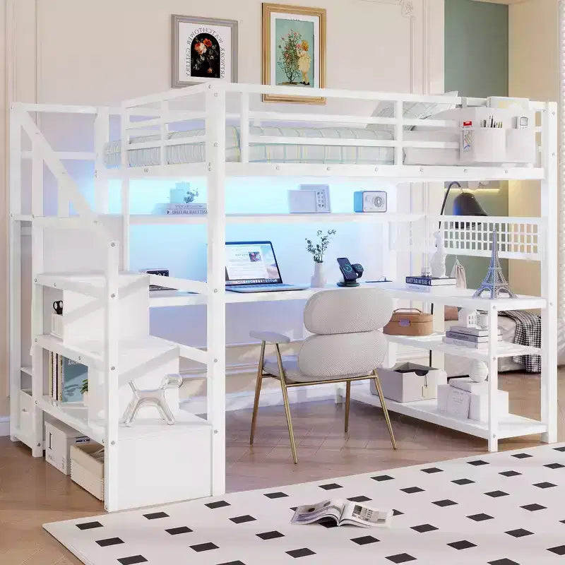 Whisen Full Size Metal Loft Bed & Bed Frame with Staircase and Wardrobe, Desk, Storage Shelves