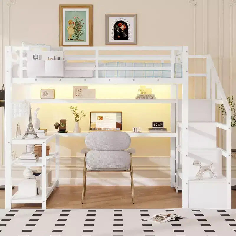 Whisen Full Size Metal Loft Bed & Bed Frame with Staircase and Wardrobe, Desk, Storage Shelves