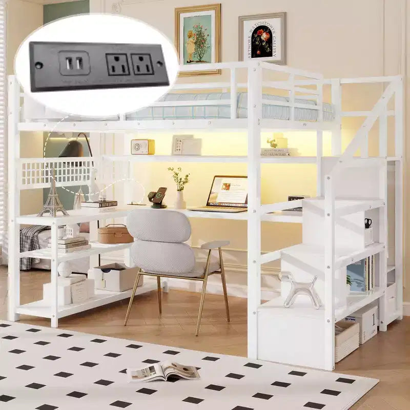 Whisen Full Size Metal Loft Bed & Bed Frame with Staircase and Wardrobe, Desk, Storage Shelves