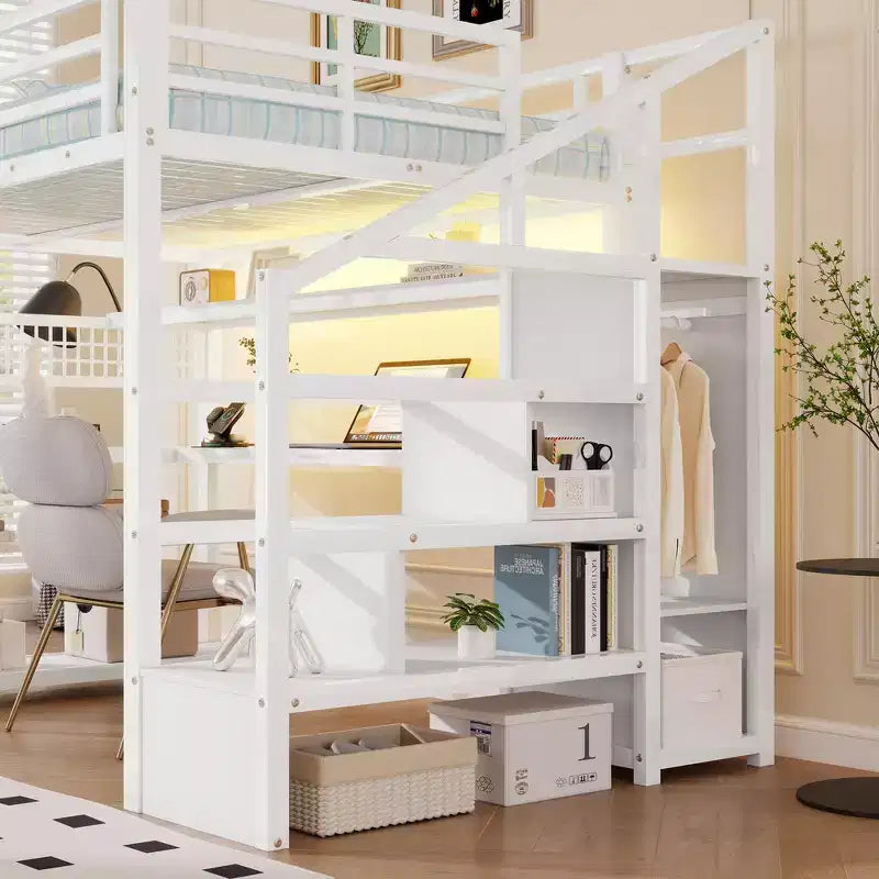 Whisen Full Size Metal Loft Bed & Bed Frame with Staircase and Wardrobe, Desk, Storage Shelves