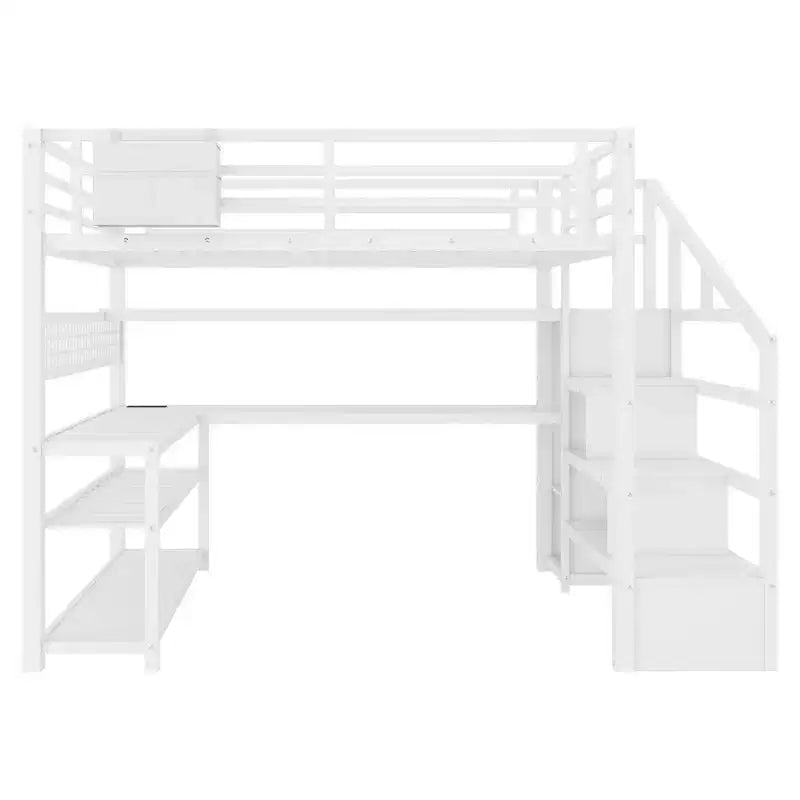 Whisen Full Size Metal Loft Bed & Bed Frame with Staircase and Wardrobe, Desk, Storage Shelves