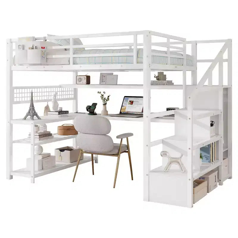 Whisen Full Size Metal Loft Bed & Bed Frame with Staircase and Wardrobe, Desk, Storage Shelves