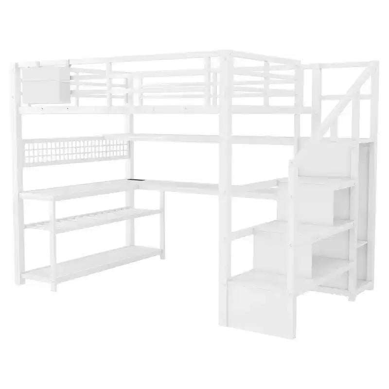 Whisen Full Size Metal Loft Bed & Bed Frame with Staircase and Wardrobe, Desk, Storage Shelves