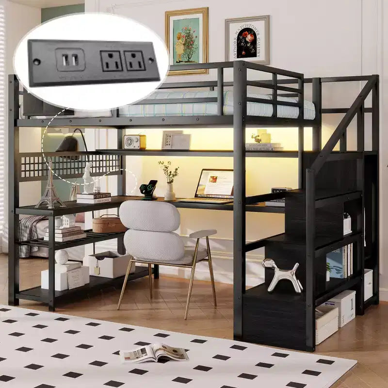 Whisen Full Size Metal Loft Bed & Bed Frame with Staircase and Wardrobe, Desk, Storage Shelves