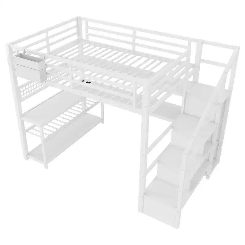 Whisen Full Size Metal Loft Bed & Bed Frame with Staircase and Wardrobe, Desk, Storage Shelves