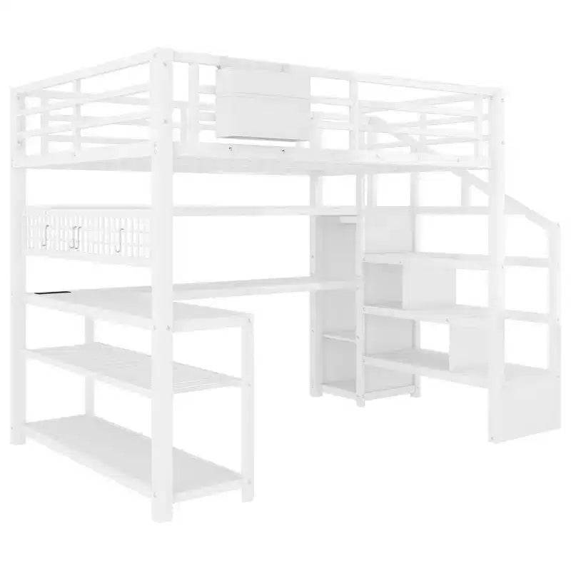Whisen Full Size Metal Loft Bed & Bed Frame with Staircase and Wardrobe, Desk, Storage Shelves