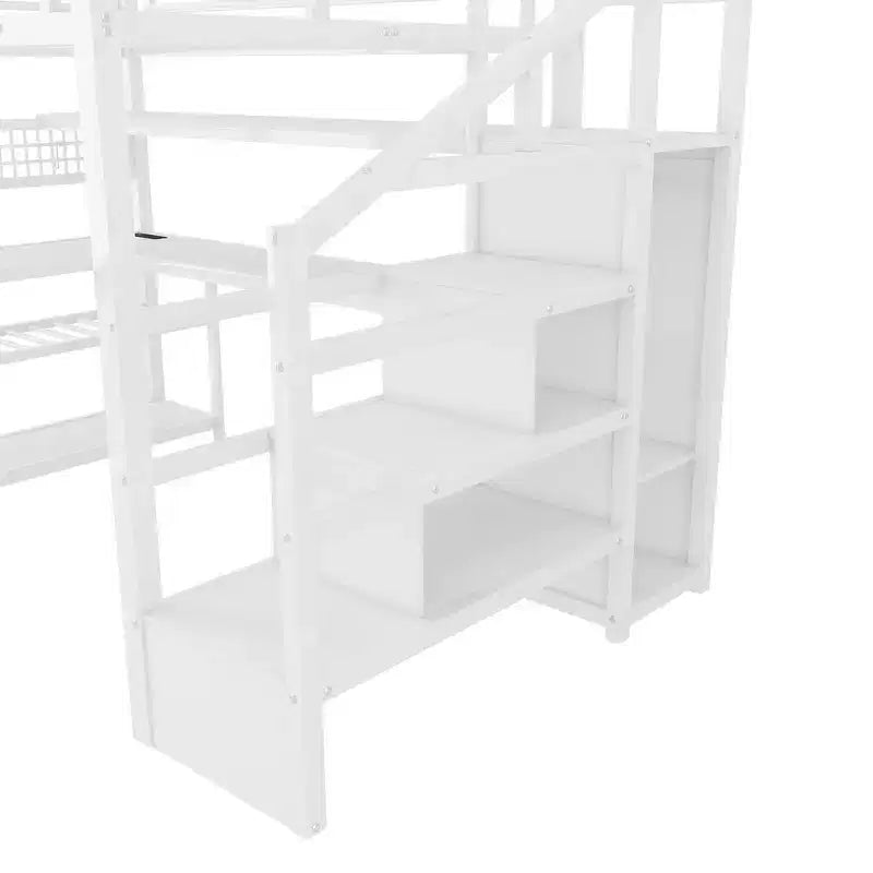 Whisen Full Size Metal Loft Bed & Bed Frame with Staircase and Wardrobe, Desk, Storage Shelves