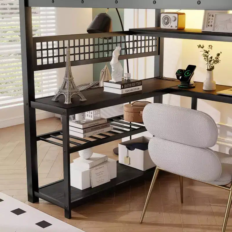Whisen Full Size Metal Loft Bed & Bed Frame with Staircase and Wardrobe, Desk, Storage Shelves