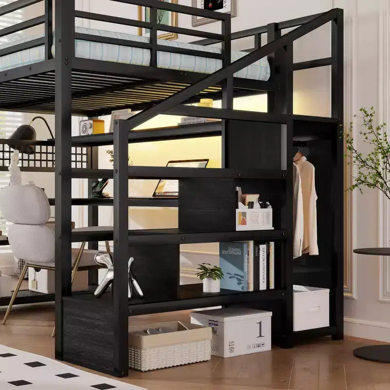 Whisen Full Size Metal Loft Bed & Bed Frame with Staircase and Wardrobe, Desk, Storage Shelves