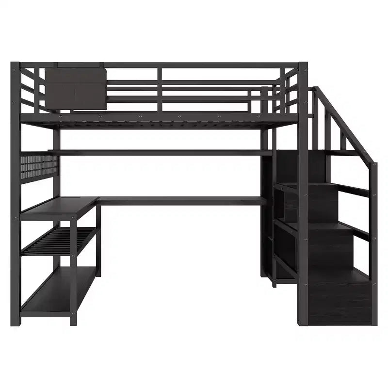 Whisen Full Size Metal Loft Bed & Bed Frame with Staircase and Wardrobe, Desk, Storage Shelves