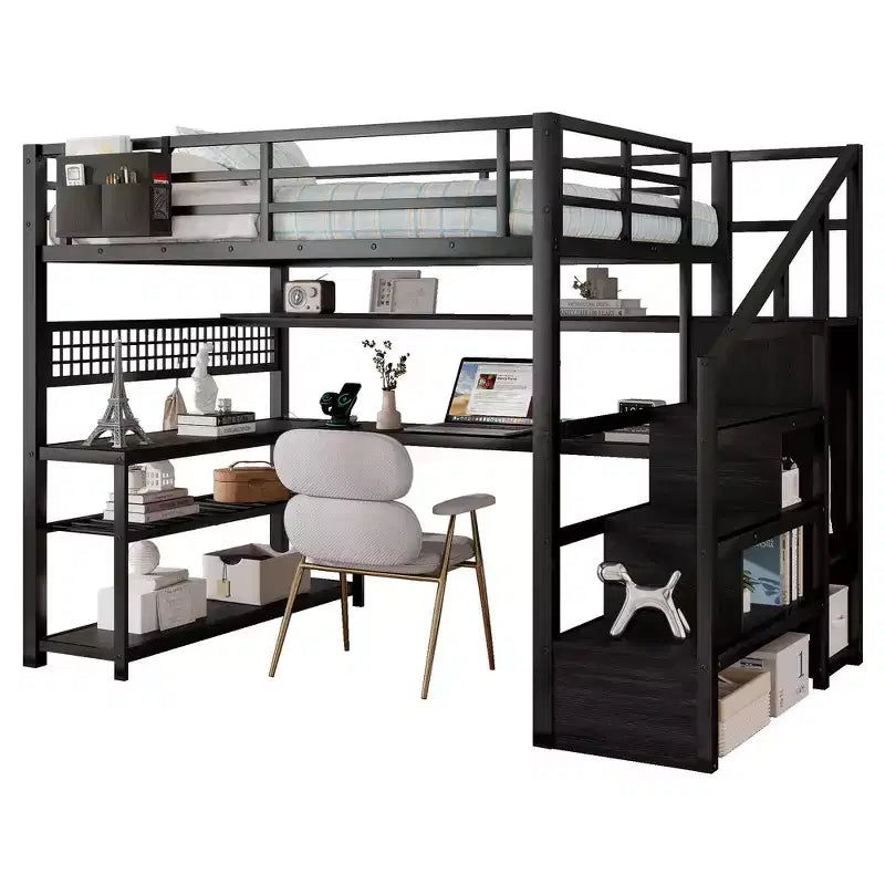 Whisen Full Size Metal Loft Bed & Bed Frame with Staircase and Wardrobe, Desk, Storage Shelves