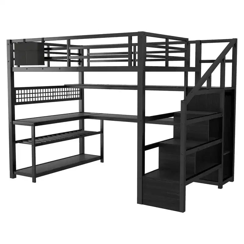 Whisen Full Size Metal Loft Bed & Bed Frame with Staircase and Wardrobe, Desk, Storage Shelves