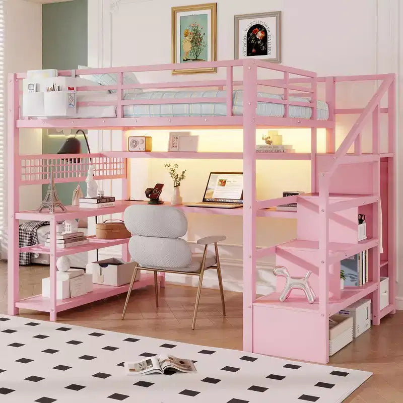 Whisen Full Size Metal Loft Bed & Bed Frame with Staircase and Wardrobe, Desk, Storage Shelves