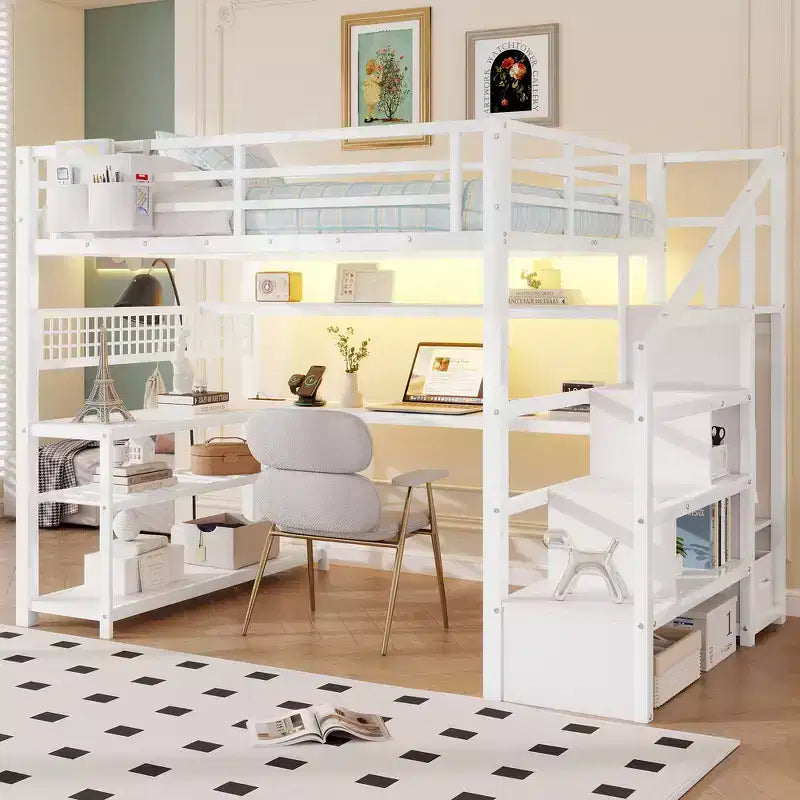 Whisen Full Size Metal Loft Bed & Bed Frame with Staircase and Wardrobe, Desk, Storage Shelves