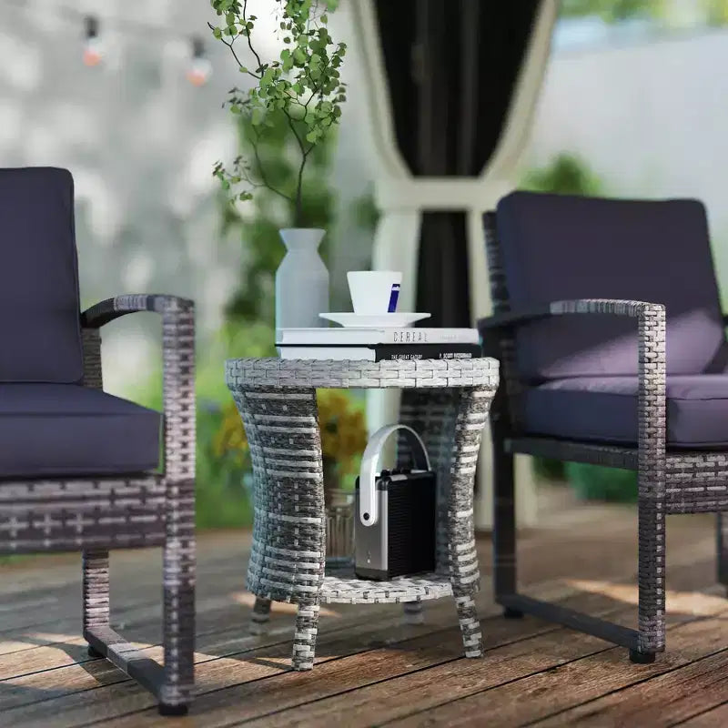 18 Wicker Outdoor Coffee Table, PE Rattan Patio Side Table with 2-Tier Storage, Composite Wood Top