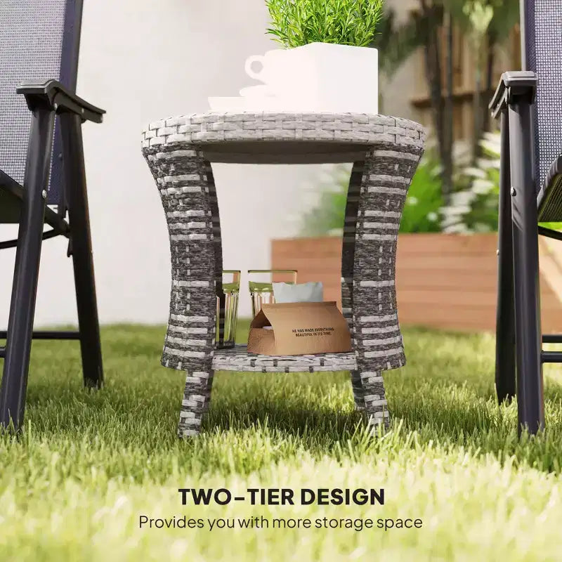 18 Wicker Outdoor Coffee Table, PE Rattan Patio Side Table with 2-Tier Storage, Composite Wood Top
