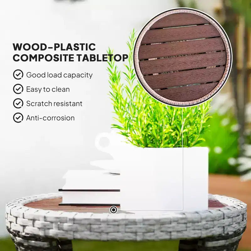 18 Wicker Outdoor Coffee Table, PE Rattan Patio Side Table with 2-Tier Storage, Composite Wood Top