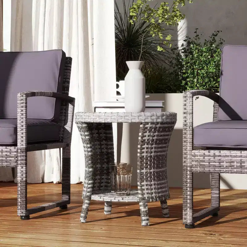 18 Wicker Outdoor Coffee Table, PE Rattan Patio Side Table with 2-Tier Storage, Composite Wood Top