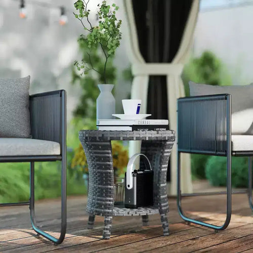 18 Wicker Outdoor Coffee Table, PE Rattan Patio Side Table with 2-Tier Storage, Composite Wood Top