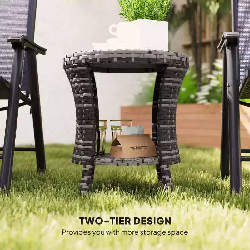 18 Wicker Outdoor Coffee Table, PE Rattan Patio Side Table with 2-Tier Storage, Composite Wood Top