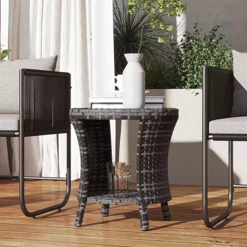 18 Wicker Outdoor Coffee Table, PE Rattan Patio Side Table with 2-Tier Storage, Composite Wood Top
