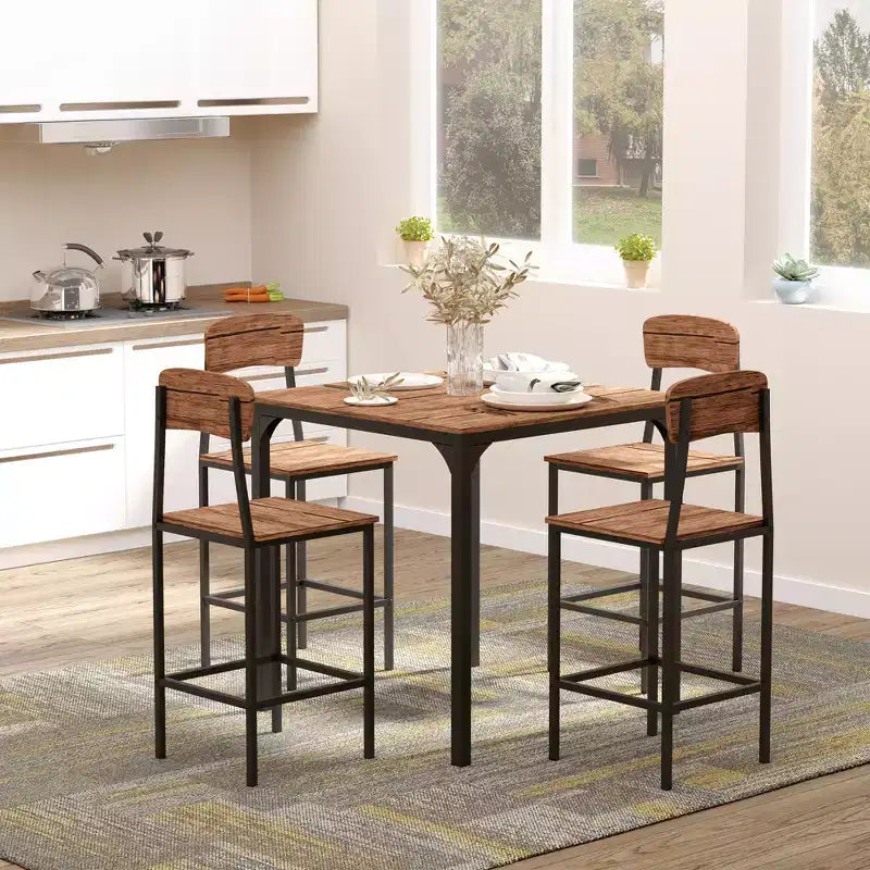 5-Piece Counter Height Bar Table with Space-Saving Design, Square Kitchen Table and Chairs Set with Footrest, Metal Legs, Industrial Dining Table