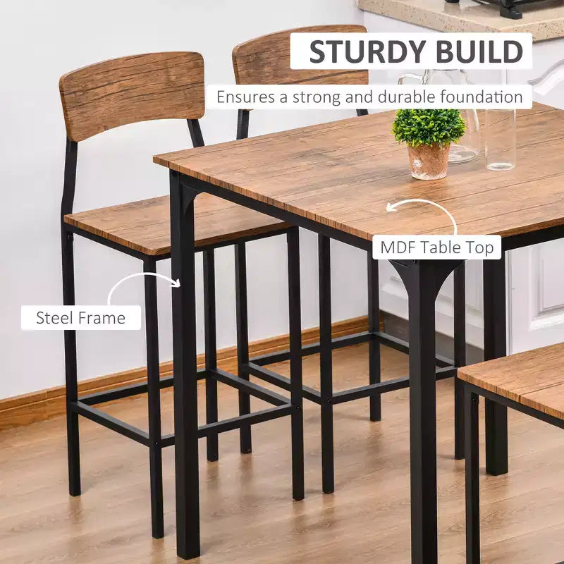 5-Piece Counter Height Bar Table with Space-Saving Design, Square Kitchen Table and Chairs Set with Footrest, Metal Legs, Industrial Dining Table