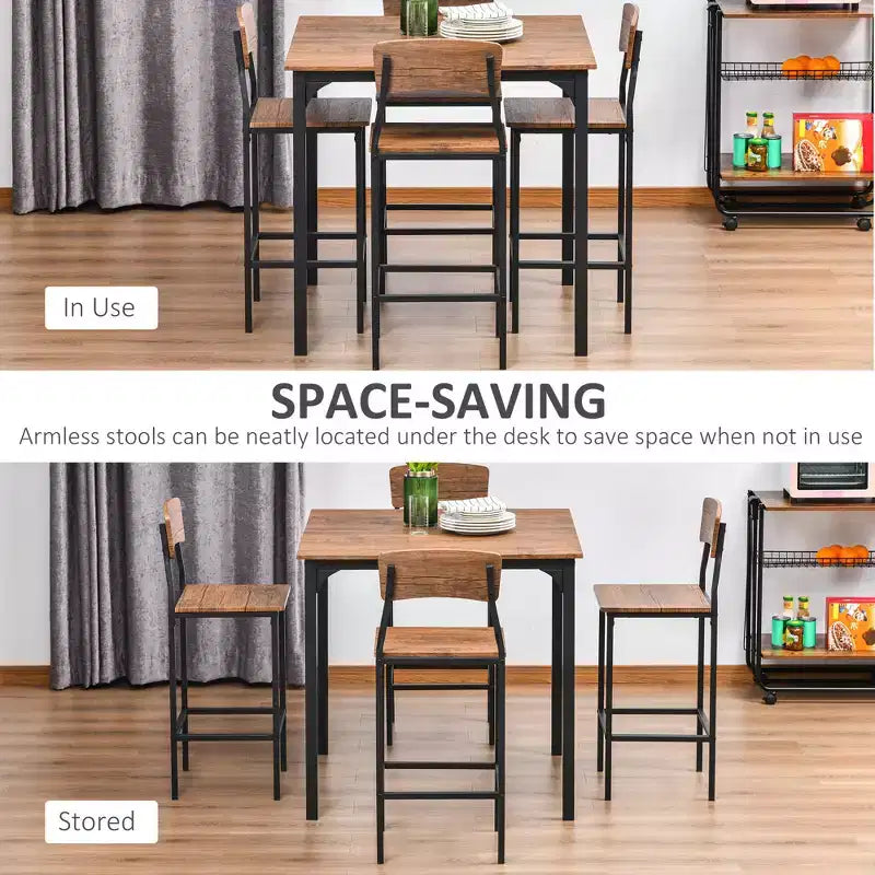5-Piece Counter Height Bar Table with Space-Saving Design, Square Kitchen Table and Chairs Set with Footrest, Metal Legs, Industrial Dining Table