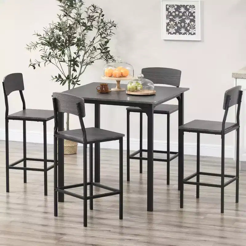 5-Piece Counter Height Bar Table with Space-Saving Design, Square Kitchen Table and Chairs Set with Footrest, Metal Legs, Industrial Dining Table