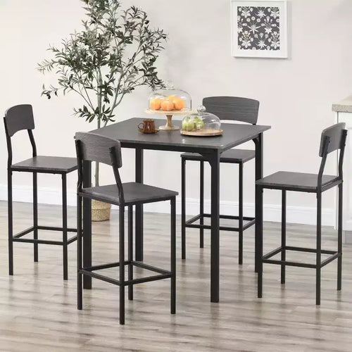 5-Piece Counter Height Bar Table with Space-Saving Design, Square Kitchen Table and Chairs Set with Footrest, Metal Legs, Industrial Dining Table